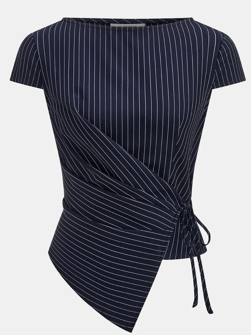NWT Commense Women’s Navy Pinstripe Wrap-Detail Top